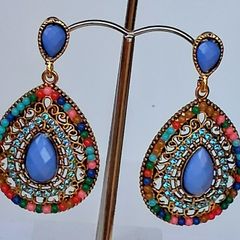 Gold Multi Coloured Crystal & Gem Boho Waterdrop Earrings