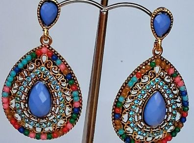 Gold Multi Coloured Crystal & Gem Boho Waterdrop Earrings