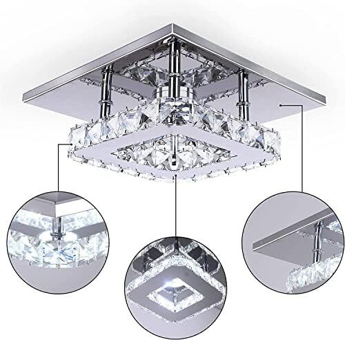 Mini Crystal Chandelier Mount Ceiling Light in Chrome Finish - Pendant Lighting for Living Room, Kitchen, Office, Bedroom, Dining Room, Island (White Square)