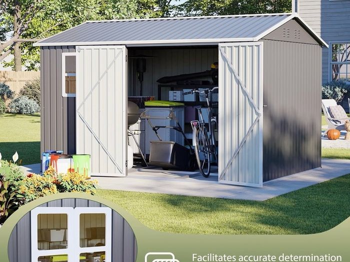 8 x 10 ft Outdoor Storage Shed Galvanized Metal Bike Shed, Tiny House Garden Tool Storage with Air Vent and Slide Door for Backyard Patio Lawn, Gray
