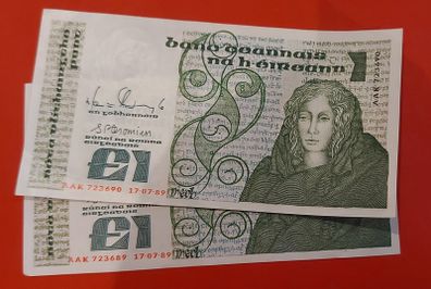 Irish 1989 Pair Of Consecutive " Queen Meibh" One Pound In Uncirclulated Condition