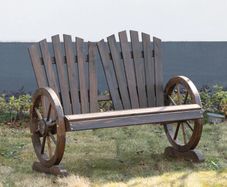 Comfortable Fir Logs Love Chair with Wheel-Shaped Armrests, Outdoor Wooden Loveseats, Carbonized Colour (FREE SHIPPING)