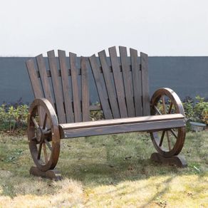 Comfortable Fir Logs Love Chair with Wheel-Shaped Armrests, Outdoor Wooden Loveseats, Carbonized Colour (FREE SHIPPING)