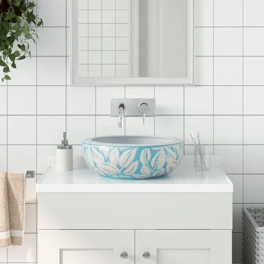 Countertop Basin White and Blue Round 41x14 cm Ceramic