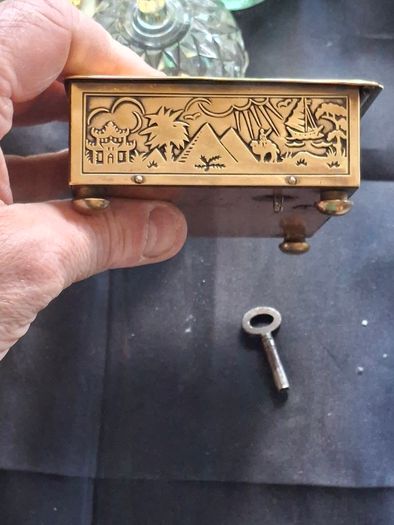 Rare Japanese Brass working Musical Jewellry Box with Key circa 1920s Beautifully Detailed Postage Available