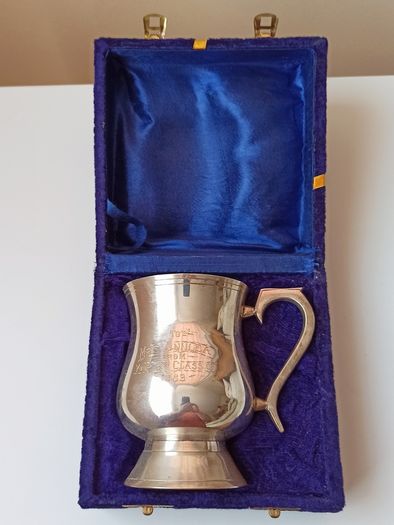 Silver plated tankard in blue velvet box