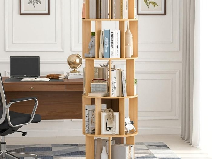 5-Tier Rotating Bookshelf Bookcase (Wooden) 360-Degree Spinning Shelf, White, Space-Saving Storage Organizer for Books,Toys, Crafts