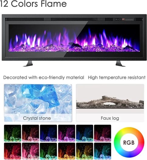Electric Fireplace, Wall Mounted/Recessed/Freestanding 102CM/40" Electric Fire, 5 Settings for Brightness, 12 Color Flame, Crystal & Log Set, 750W/1500W