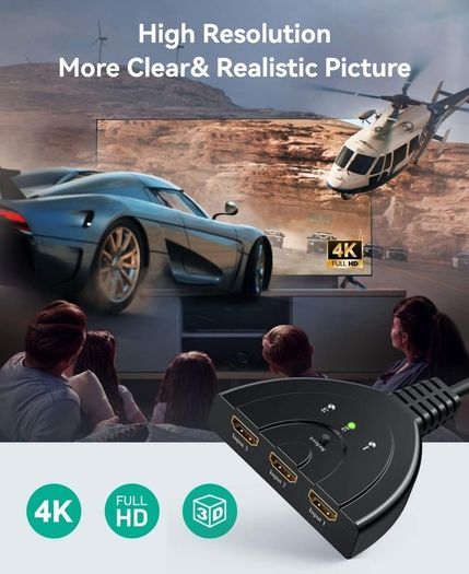 HDMI Switch, Gold Plated 3-Port HDMI Switcher/HDMI Splitter/Supports Full HD1080p/3D with High Speed Cable