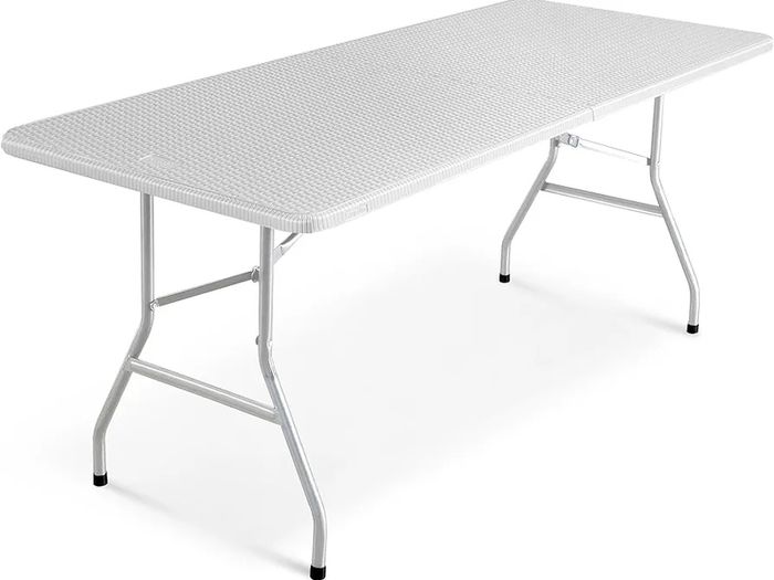 6ft Folding Table with White Rattan Patterned Top,180x70x74cm  Sturdy Metal Frame, Waterproof, Portable & Easy Assembly Ideal for Parties, BBQs, Camping (White Rattan)