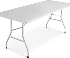 6ft Folding Table with White Rattan Patterned Top,180x70x74cm  Sturdy Metal Frame, Waterproof, Portable & Easy Assembly Ideal for Parties, BBQs, Camping (White Rattan)