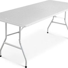 6ft Folding Table with White Rattan Patterned Top,180x70x74cm  Sturdy Metal Frame, Waterproof, Portable & Easy Assembly Ideal for Parties, BBQs, Camping (White Rattan)