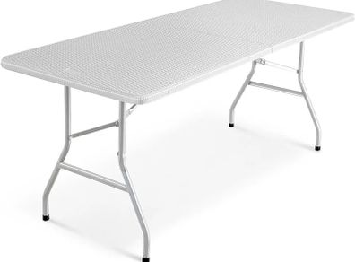 6ft Folding Table with White Rattan Patterned Top,180x70x74cm  Sturdy Metal Frame, Waterproof, Portable & Easy Assembly Ideal for Parties, BBQs, Camping (White Rattan)