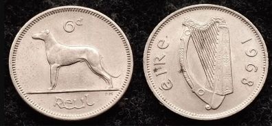 [#2117] - Ireland 1968 | 6 Pence | Wolfhound | KM.13a | UNC