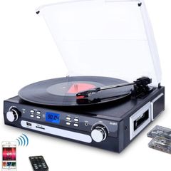 Vinyl Record Playe with Bluetooth and Stereo Speakers, Turntable for Vinyl to MP3 with Cassette Play, AM/FM Radio, Remote Control, USB/SD Encoding, 3.5mm Music Output Jack (FREE POSTAGE)
