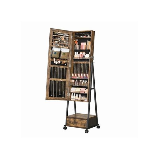 jewelry cabinet, full length mirror, mirror cabinet, lockable jewelry organizer with drawer, wheels, gift idea, vintage brown-black