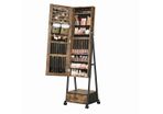jewelry cabinet, full length mirror, mirror cabinet, lockable jewelry organizer with drawer, wheels, gift idea, vintage brown-black