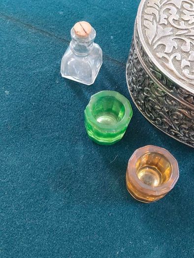 Vintage chased jewellery box and bottles