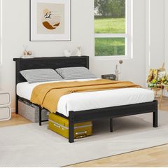 Double Bed Frame with Wooden Storage Shelf Headboard