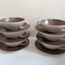 Set of Six Vintage MCM Poole Pottery Twintone Twin Handled Consomme Soup Bowls Plus Matching Underplates, All in Colourway C54, Sepia and Mushroom, Streamline Shape, Circa 1952 - 1970s Image 3