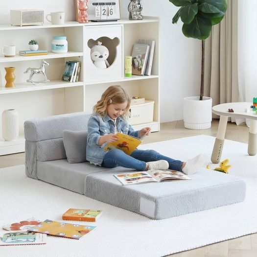 Convertible Folding Kids Sofa Bed with Pillow & Storage Bag, Plush Fabric Floor Mattress Couch Bed, Washable Cover, Kids Room, Playroom, Dorm, Apartment, White Grey