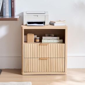 23 Fluted Nightstand, Wide 2 Drawers End Table,Natural Night Stand with Open Storage Cabinet, Farmhouse Bed Side Tables, Wood Dresser for Bedroom, Living Room, Closet Natural