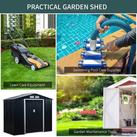 NEW SALE | 7ft x 4ft Lockable Garden Shed Large Patio Roofed Tool Metal Storage Building Foundation Sheds Box Outdoor Furniture, Dark Grey