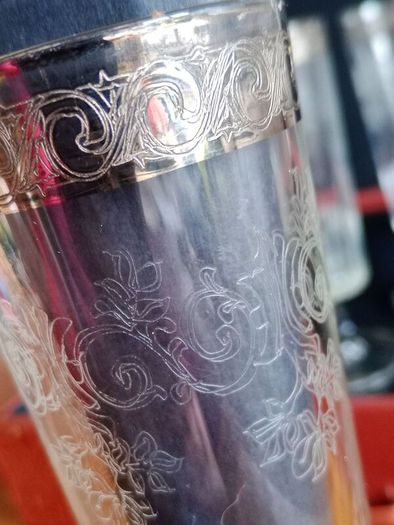 Vintage Etched Glass with Silvered Collar Champagne Flutes x 4