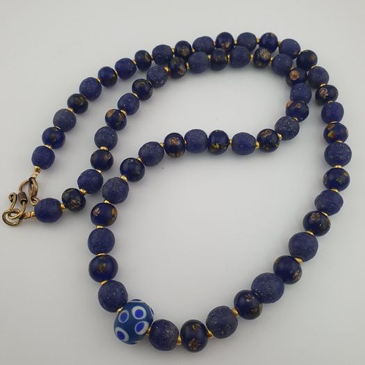Antique Venetian African Style Floral & African Blue Glass Beads Necklace