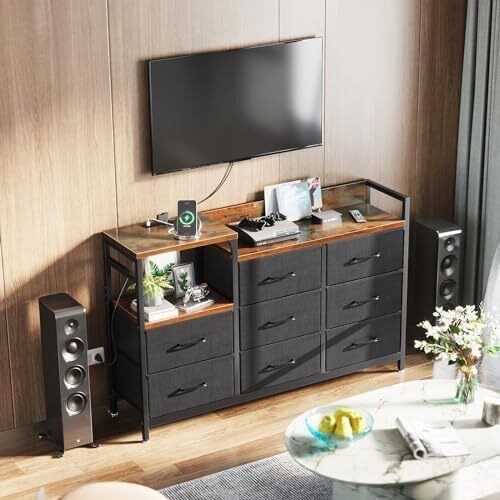 Chest of Drawers Bedroom, Contains 2 USB & 2 AC Ports Sockets, Storage Dresser with 8 Fabric Drawers Suitable for Bedrooms, Living Rooms, Retro Color