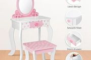 Kids Vanity Set, Table &amp; Chair Vanity Set With Mirror (Includes 15 pcs multiple make up accessories), Makeup Dressing Table with Storage Drawer, Pink