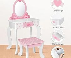 Kids Vanity Set, Table & Chair Vanity Set With Mirror (Includes 15 pcs multiple make up accessories), Makeup Dressing Table with Storage Drawer, Pink