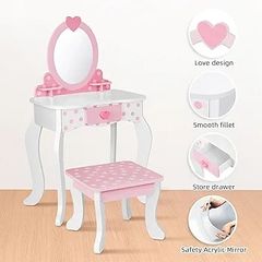 Kids Vanity Set, Table & Chair Vanity Set With Mirror (Includes 15 pcs multiple make up accessories), Makeup Dressing Table with Storage Drawer, Pink