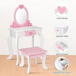 Kids Vanity Set, Table & Chair Vanity Set With Mirror (Includes 15 pcs multiple make up accessories), Makeup Dressing Table with Storage Drawer, Pink