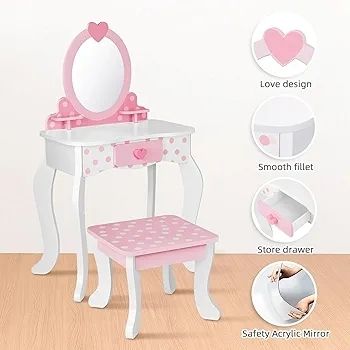 Kids Vanity Set, Table & Chair Vanity Set With Mirror (Includes 15 pcs multiple make up accessories), Makeup Dressing Table with Storage Drawer, Pink