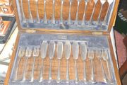 Beautiful Old Set of 24 Silver Plated Fish Cutlery, Presented in a Fitted Wooden Canteen Lined in Blue Fabric. JEWELLERS &amp; SILVERSMITHS, Sutherland v Horne 10 South St. Andrew St. EDINBURGH