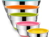 Mixing Bowls with Airtight Lids, 6-Piece Stainless Steel Metal Bowls by Umite Chef, Measurement Marks & Colorful Non-Slip Bottoms Size 7, 3.5, 2.5, 2.0,1.5, 1QT, Great for Mixing & Serving