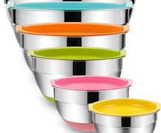 Mixing Bowls with Airtight Lids, 6-Piece Stainless Steel Metal Bowls by Umite Chef, Measurement Marks & Colorful Non-Slip Bottoms Size 7, 3.5, 2.5, 2.0,1.5, 1QT, Great for Mixing & Serving