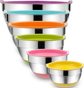 Mixing Bowls with Airtight Lids, 6-Piece Stainless Steel Metal Bowls by Umite Chef, Measurement Marks & Colorful Non-Slip Bottoms Size 7, 3.5, 2.5, 2.0,1.5, 1QT, Great for Mixing & Serving