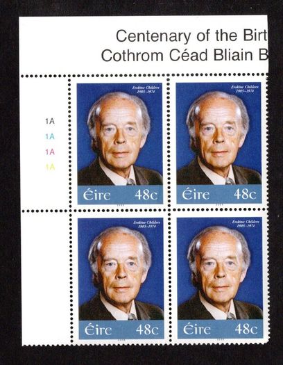 2005 Ireland Birth Centenary of Erskine Childers Commemorative Stamp Plate Block 1A1A1A1A Mint Never Hinged (MNH)