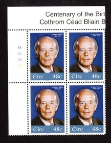 2005 Ireland Birth Centenary of Erskine Childers Commemorative Stamp Plate Block 1A1A1A1A Mint Never Hinged (MNH)