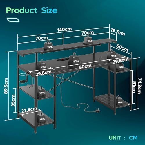 140 CM Computer Desk with Power Outlets & LED Lights with Monitor Shelf Gaming Desk with Shelves Writing Desk with Storage Office Desk &Workstation for Home Office Bedroom