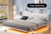 Floating King Metal Bed Frame with LED Lights &amp; USB Charging Station, 150x200cmMetal