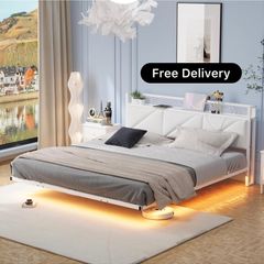 Floating King Metal Bed Frame with LED Lights & USB Charging Station, 150x200cmMetal