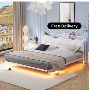 Floating King Metal Bed Frame with LED Lights & USB Charging Station, 150x200cmMetal
