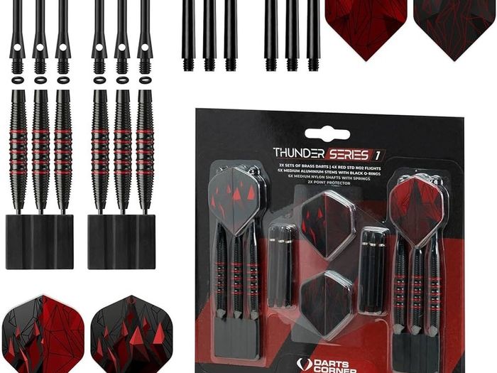 SALE | 24 Piece Steel Tip Dart Set with Brass Barrels, Flights and Aluminium Shafts, Series 1, Black/Red