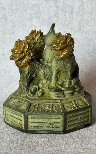 Vintage Feng Shui Triple Qilin Sculpture - Patinated Bronze, Signed