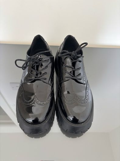 Schuh Wide Fit Black Patent Chunky Brogues