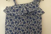 Vintage-Style LC Waikiki Asymmetrical Blue Botanical Ruffle Blouse