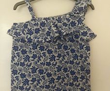 Vintage-Style LC Waikiki Asymmetrical Blue Botanical Ruffle Blouse